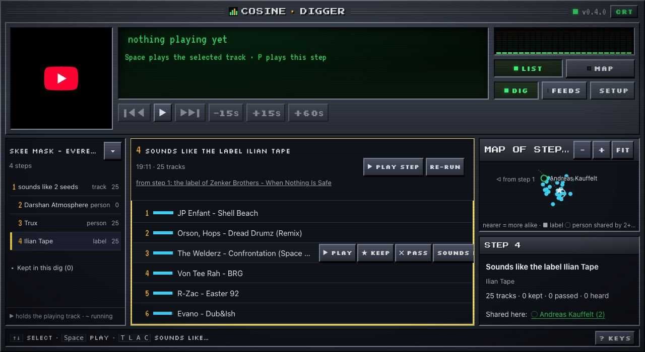 Cosine Club Digger in a browser: a player across the top, a trail of four steps on the left, step 4 listing tracks that sound like the label Ilian Tape in the middle, and a small map of the step on the right.