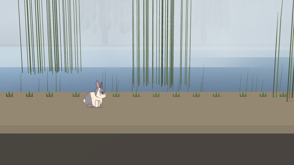 A still from Sunset Bound: a small grey and white rabbit on a lakeside path under hanging willow branches, in flat pastel colours.